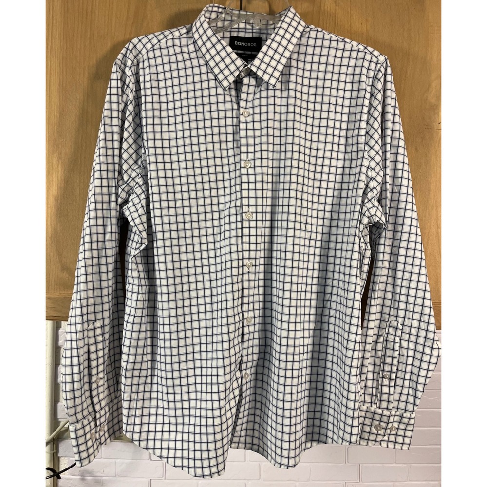 Bonobos Button Down Shirt Mens XXL White Navy Blue Slim Fit Grid Check Stretch